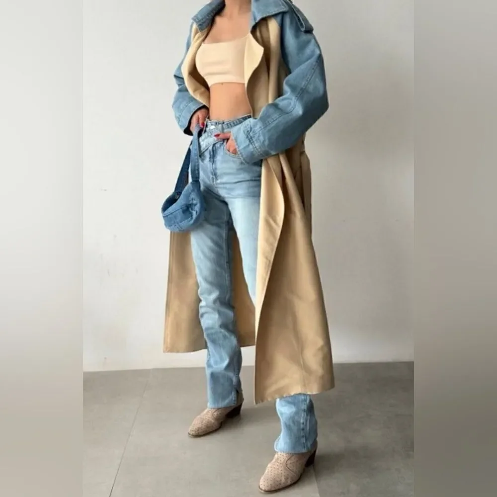 032. Trench Coat Jacket beige with denim sleeve - Picture 9 of 11